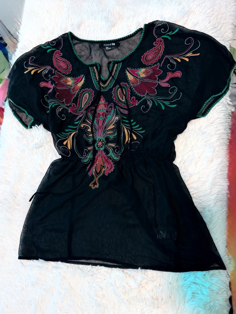 Forever 21 Black Embroidered Boho Tunic with Multicolor Floral Motifs